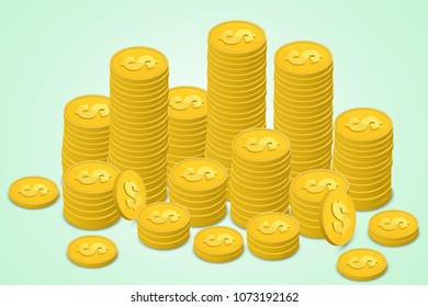 Set of isometric money. Golden coins and paper. A lot of cash money.