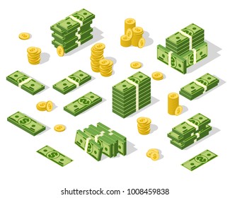 Set of isometric money isolated on white background. Golden coins and paper dollars illustration. A lot of cash money.