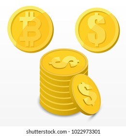 Set of isometric money isolated on white background. Golden coins and paper dollars illustration.