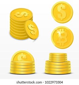 Set of isometric money isolated on white background. Golden coins and paper dollars illustration.