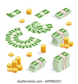 Set of isometric money isolated on white background. 3d coins and banknotes in bunches, money fan, money bundles and alone. Vector illustration.