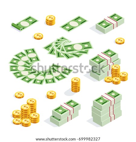 Set of isometric money isolated on white background. 3d coins and banknotes in bunches, money fan, money bundles and alone. Vector illustration.