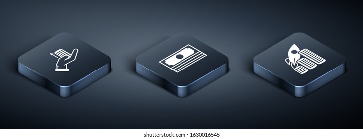 Set Isometric Money on hand, Rocket flying up on coins growth chart and Stacks paper money cash icon. Vector