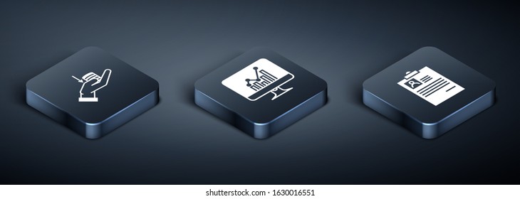 Set Isometric Money on hand, Clipboard with resume and Computer monitor with graph chart icon. Vector