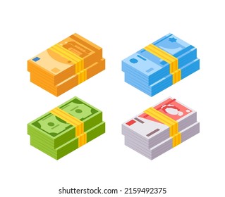 Conjunto de fichas de dinero isométricas aisladas en fondo blanco. Billetes de banco, Billetes de papel apilados. Cambio de divisas, Jackpot, Ganancia de lotería, Ahorro, Éxito. Ilustración de vectores de dibujos animados, iconos