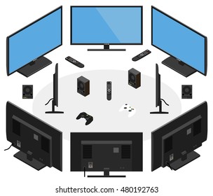 Set of the isometric Monitors with remote control. Isometric modern LED TV with blue screen shown from different sides flat design; 