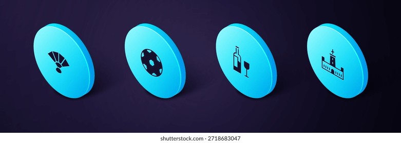 Set Isometrische Montjuic Schloss, Weinflasche mit Glas, Fußball und Fan Flamenco Ikone. Vektorgrafik