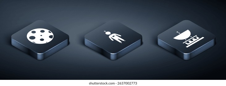 Set Isometric Moon, Satellite dish and Astronaut icon. Vector