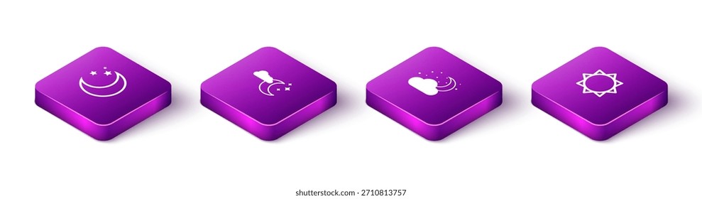 Set Isometric Moon and stars, Cloud with moon,  and Sun icon. Vector