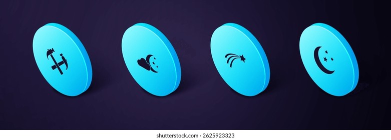 Set Isometric Moon and stars, Falling, Cloud with moon and Two crossed hammers icon. Vector