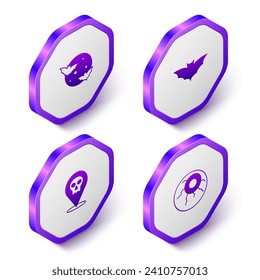 Set Isometric Moon and stars, Flying bat, Skull and Eye icon. Purple hexagon button. Vector