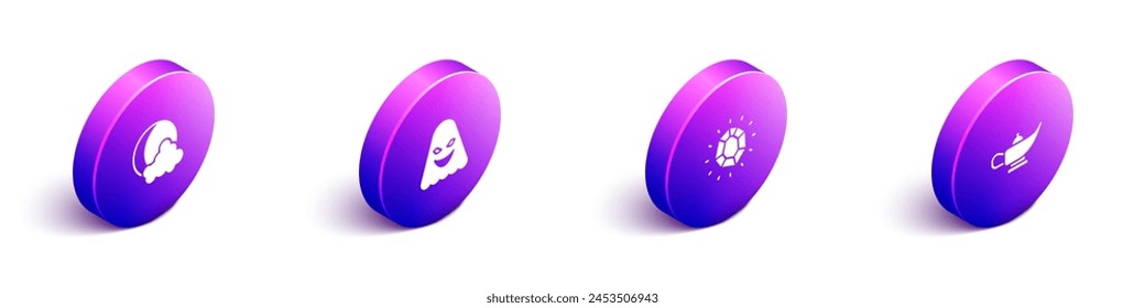 Set Isometric Moon and stars, Ghost, Magic stone and lamp or Aladdin icon. Vector