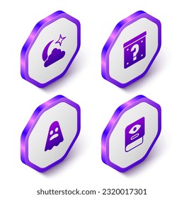 Set Isometric Moon and stars, Mystery box, Ghost and Ancient magic book icon. Purple hexagon button. Vector