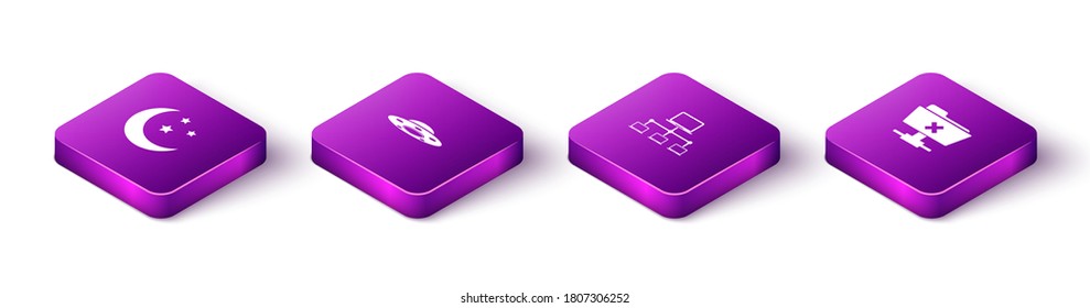 Set Isometric Moon and stars, UFO flying spaceship, Computer network and FTP cancel operation icon. Vector.