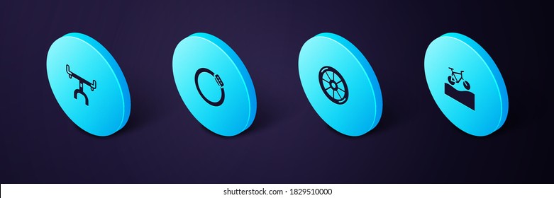 Set Isometric Mountain bicycle, Bicycle wheel, brake disc and handlebar icon. Vector.