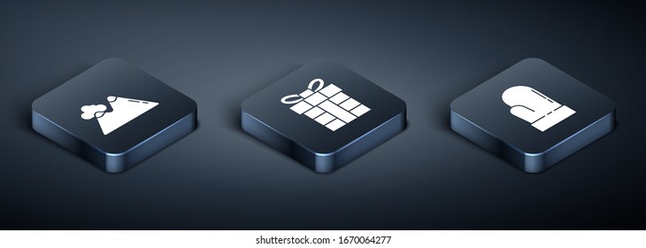 Set Isometric Mountains, Christmas mitten and Gift box icon. Vector