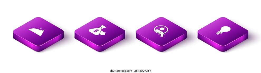 Set Isometric Mountains with flag, Money bag, Create account screen and Light bulb concept of idea icon. Vector