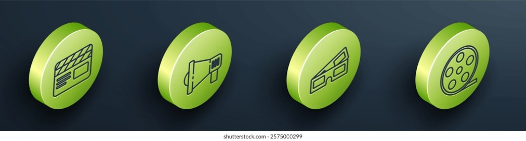 Set Isometric Movie clapper, Megaphone, 3D cinema glasses and Film reel icon. Vector