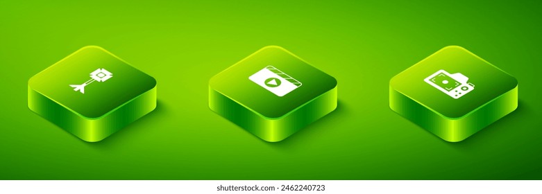 Set Isometric Movie clapper, Photo camera and Studio light bulb in softbox icon. Vector