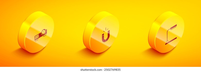 Set Isometric Movie, film, media projector, Magnet and Table lamp icon. Vector
