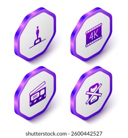 Set Isometric Movie trophy, 4k movie, clapper and No cell phone icon. Purple hexagon button. Vector