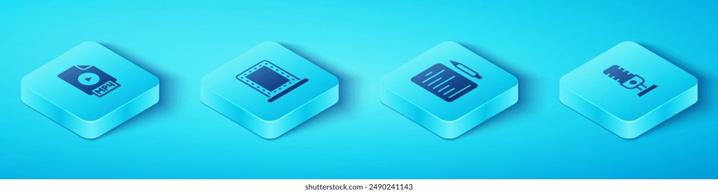 Set Isometric MP4 file document, Makeup mirror with lights, Microphone and Scenario icon. Vector