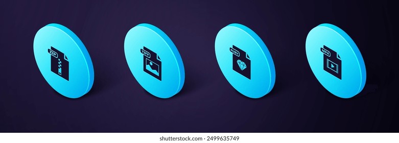 Set Isometric MP4 file document, RUBY, TIFF and ZIP icon. Vector