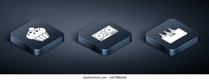 Set Isometric Muffin , Bottles of wine in a wooden box  and DJ remote for playing and mixing music  icon. Vector