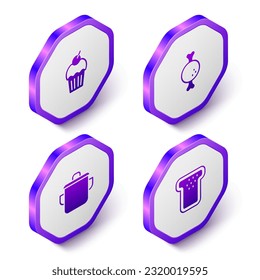 Set Isometric Muffin, Chicken leg, Cooking pot and Bread toast icon. Purple hexagon button. Vector