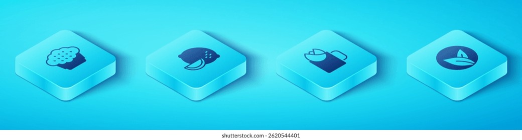 Set Isometric Muffin, Lemon, Tea leaf and Cup of tea with rose icon. Vector