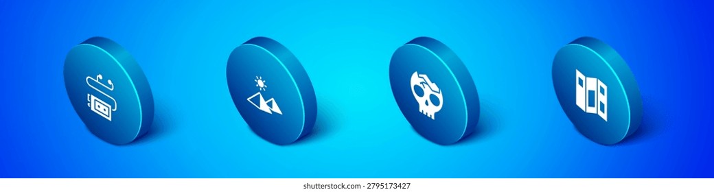 Set Isometric Museum audio guide, Broken human skull, brochure and Egypt pyramids icon. Vector