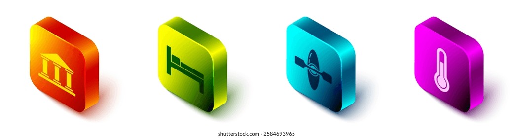 Set Isometric Museum building, Bed, Kayak or canoe and Meteorology thermometer icon. Vector