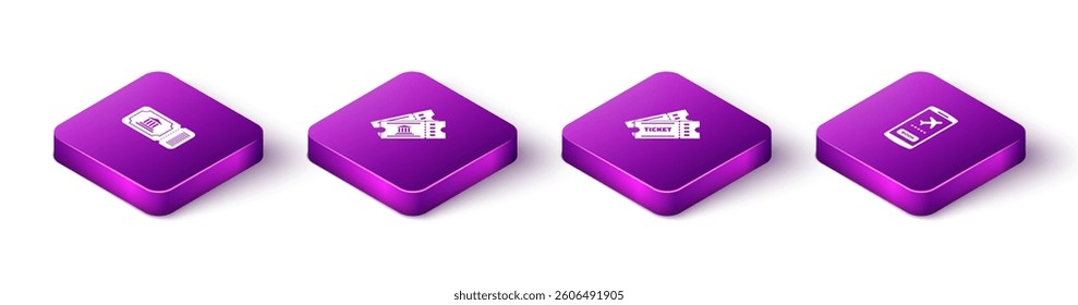 Set Isometric Museum ticket, , Ticket and Mobile with icon. Vector