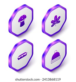 Set Isometric Mushroom, Chestnut leaf, Homemade pie and Winter hat icon. Purple hexagon button. Vector