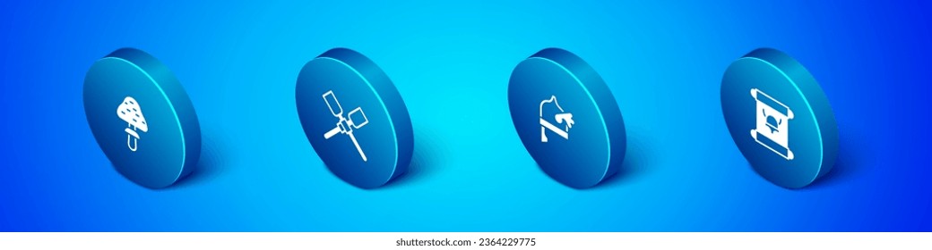 Set Isometric Mushroom, Viking in horned helmet, Decree, parchment, scroll and Oars paddles boat icon. Vector