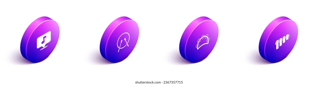 Set Isometric Music note, tone, Drum and drum sticks, Tambourine and Pan flute icon. Vector