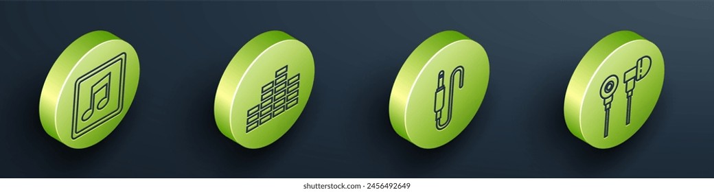 Ajuste nota de música isométrica, tono, ecualizador de música, conector de audio e icono de auriculares de aire. Vector