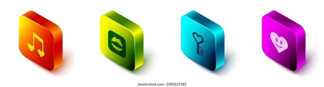 Set Isometric Music note, tone with hearts, Smiling lips, Key shape and Heart icon. Vector
