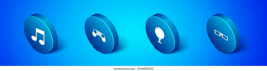 Set Isometric Music note, tone, Golf ball tee, Cinema glasses and Gamepad icon. Vector