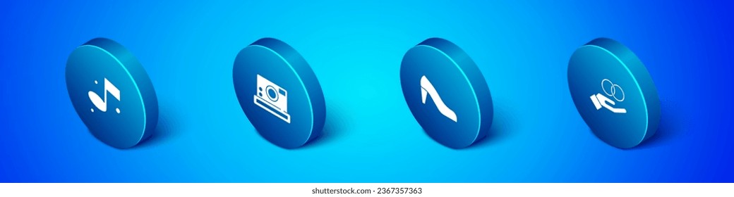 Set Isometric Music note, Woman shoe, Wedding rings and Photo camera icon. Vector