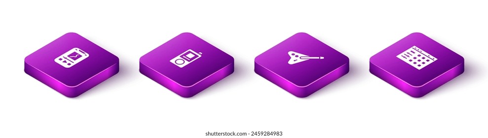 Set Isometric Music player, , Electric bass guitar and Drum machine icon. Vector