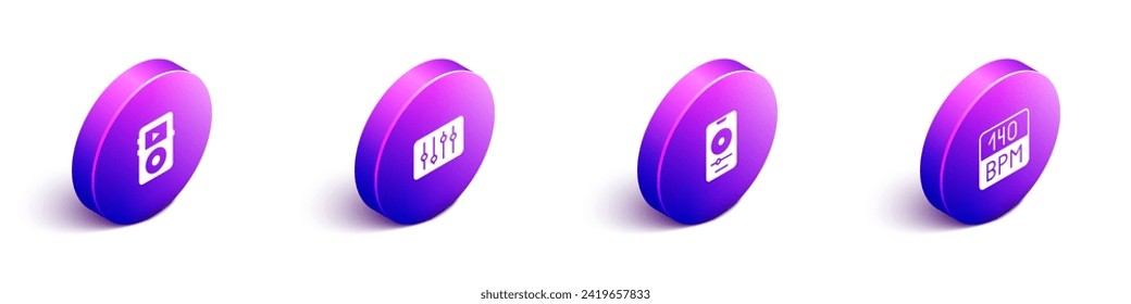 Set Isometric Music player, Sound mixer controller,  and Bitrate icon. Vector
