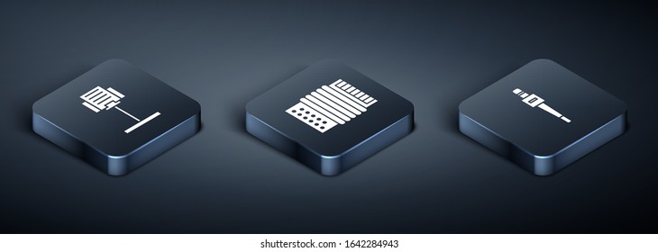 Set Isometric Music stand, Microphone and Musical instrument accordion icon. Vector