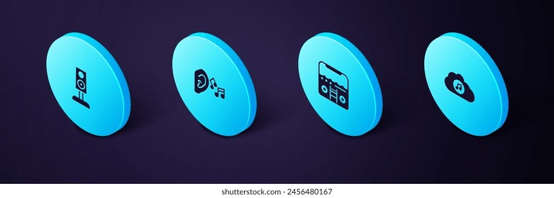 Set Isometric Music streaming service, Home stereo with speakers, Ear listen sound signal and Stereo icon. Vector