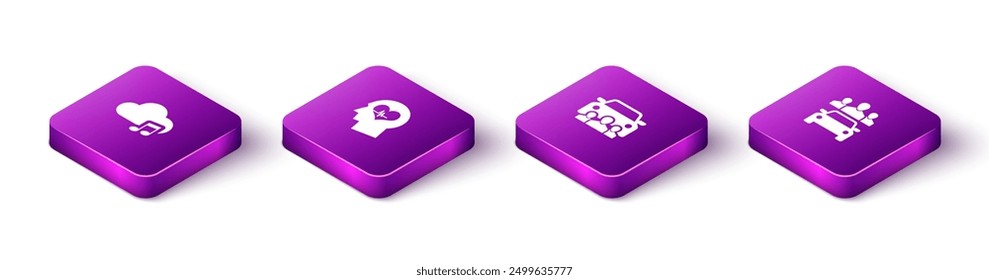 Set Isometric Music streaming service, Head with heartbeat, Car sharing and  icon. Vector