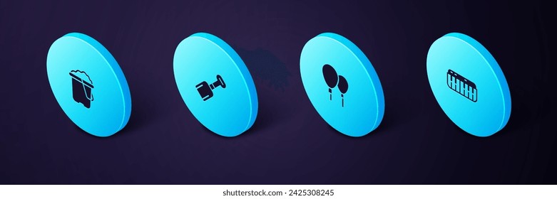 Set Isometric Music synthesizer, Balloons, Shovel toy and Sand in bucket icon. Vector