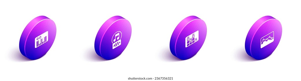 Set Isometric Music synthesizer, note, tone, equalizer and wave icon. Vector