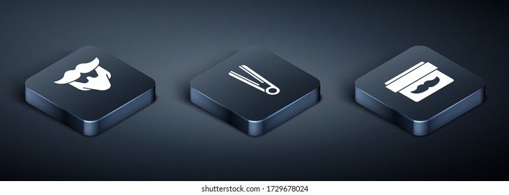 Set Isometric Mustache and beard, Cream or lotion cosmetic jar and Curling iron for hair icon. Vector