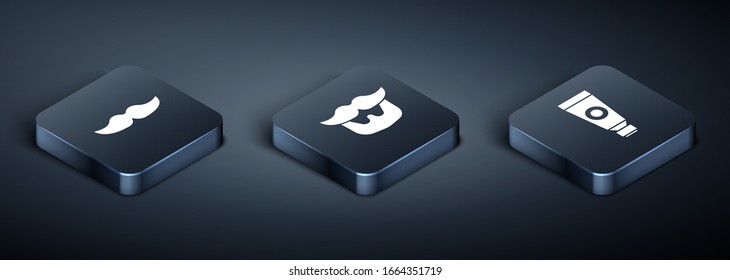 Set Isometric Mustache, Cream or lotion cosmetic tube and Mustache and beard icon. Vector
