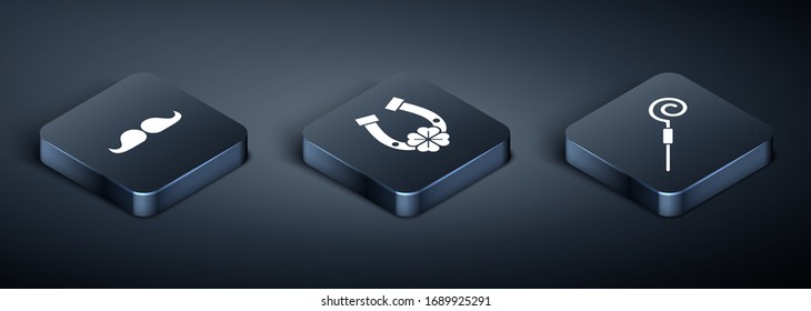 Set Isometric Mustache, Walking stick and Horseshoe with four leaf clover icon. Vector